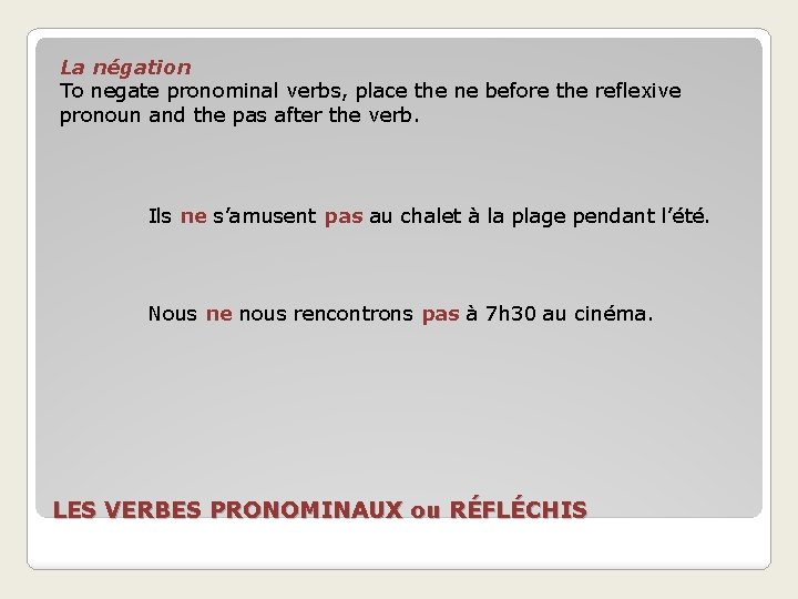 La négation To negate pronominal verbs, place the ne before the reflexive pronoun and