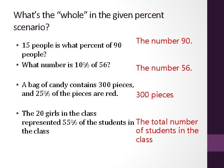 What’s the “whole” in the given percent scenario? • 15 people is what percent