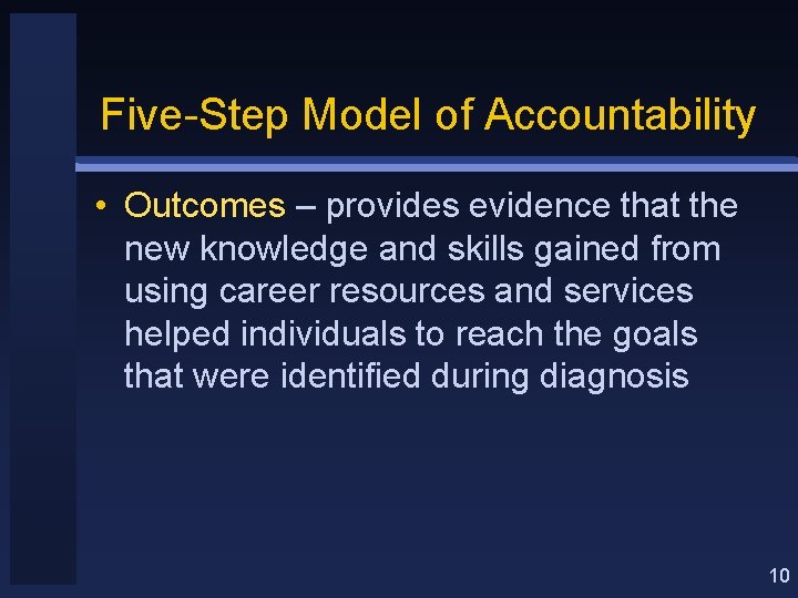 Five-Step Model of Accountability • Outcomes – provides evidence that the new knowledge and