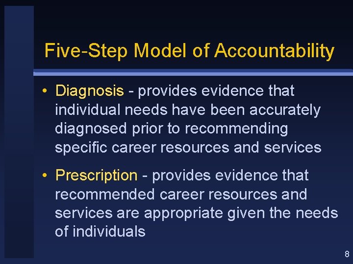 Five-Step Model of Accountability • Diagnosis - provides evidence that individual needs have been