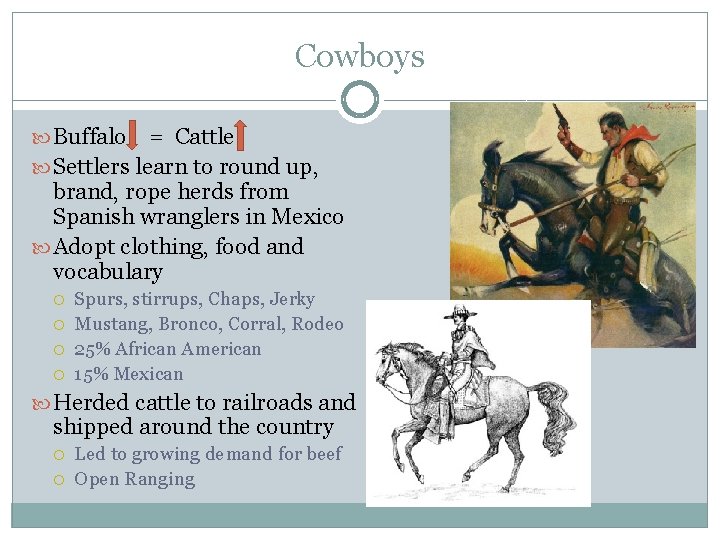 Cowboys Buffalo = Cattle Settlers learn to round up, brand, rope herds from Spanish