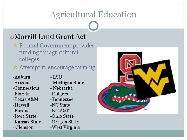 Agricultural Education Morrill Land Grant Act Federal Government provides funding for agricultural colleges Attempt