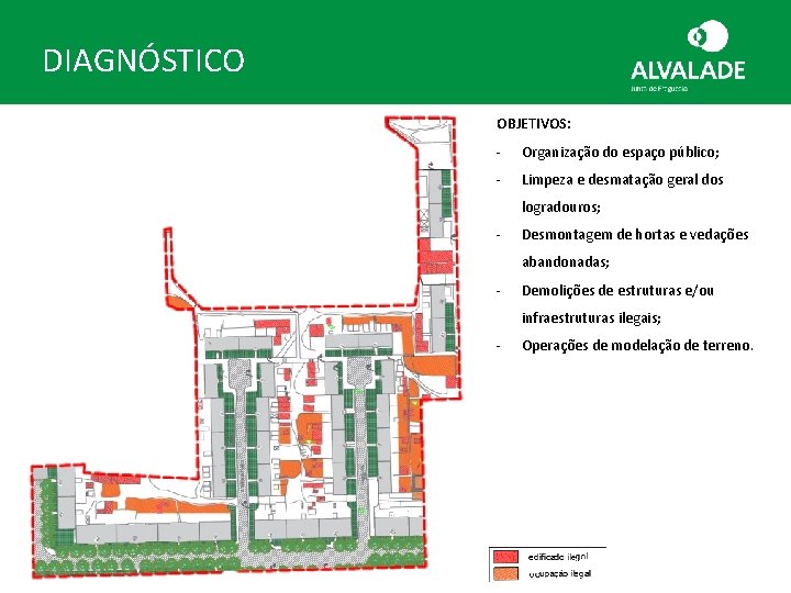 DIAGNÓSTICO OBJETIVOS: - Organização do espaço público; - Limpeza e desmatação geral dos logradouros;