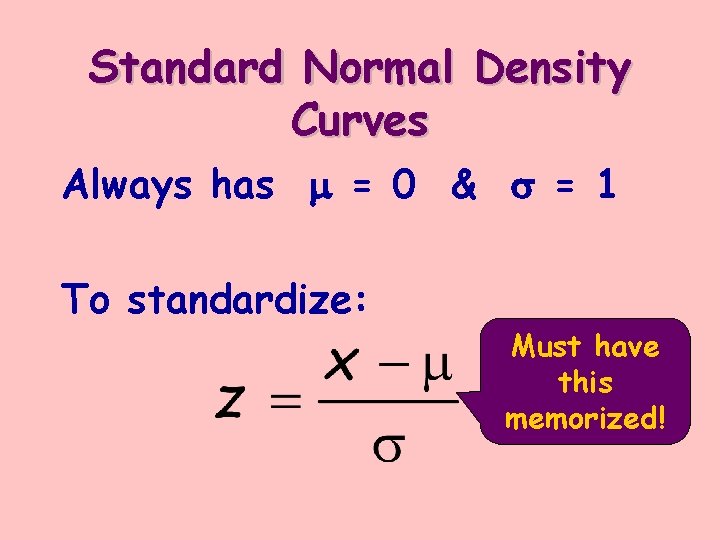 Standard Normal Density Curves Always has m = 0 & s = 1 To