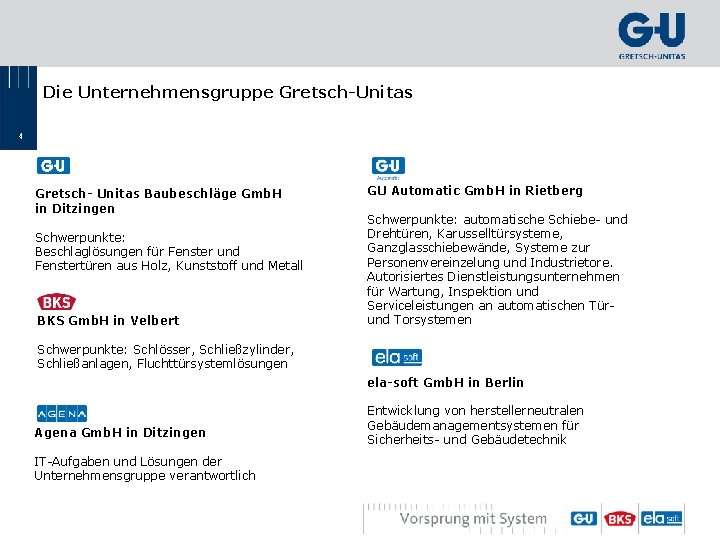 Die Unternehmensgruppe Gretsch-Unitas 4 Gretsch- Unitas Baubeschläge Gmb. H in Ditzingen Schwerpunkte: Beschlaglösungen für