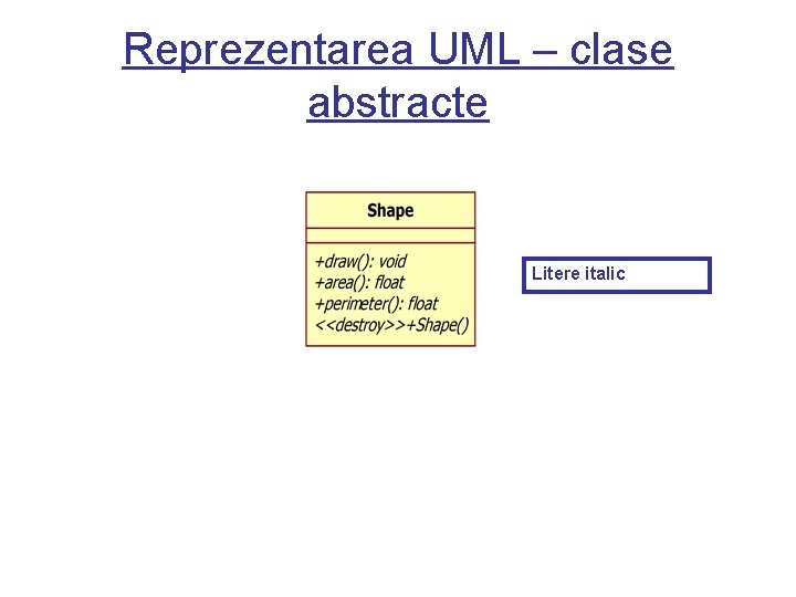 Reprezentarea UML – clase abstracte Litere italic 