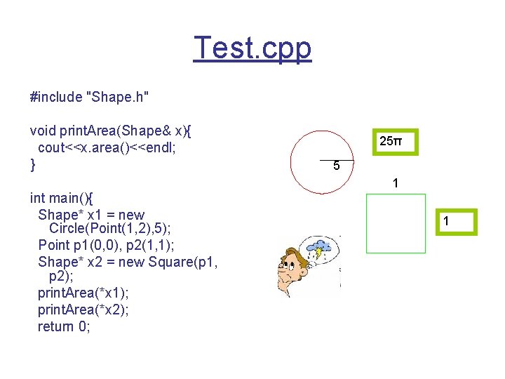 Test. cpp #include "Shape. h" void print. Area(Shape& x){ cout<<x. area()<<endl; } 25π 5