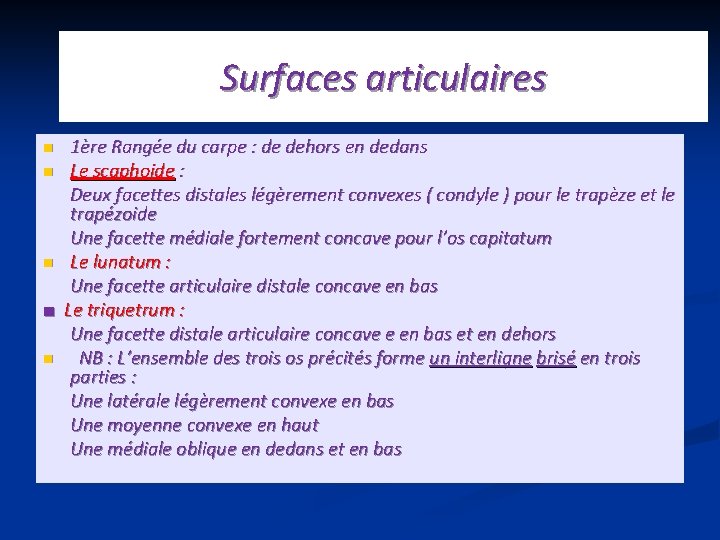 Surfaces articulaires 1ère Rangée du carpe : de dehors en dedans n Le scaphoide