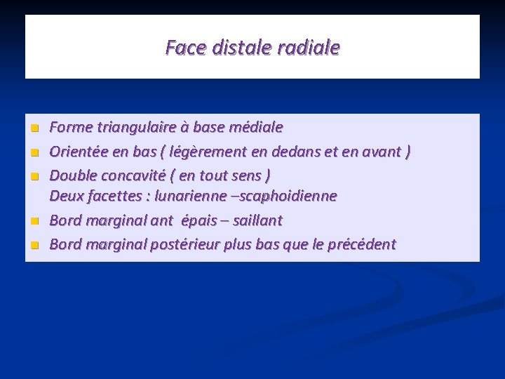 Face distale radiale n n n Forme triangulaire à base médiale Orientée en bas