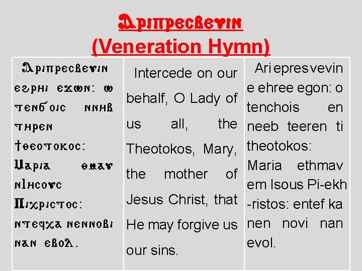 Ariprecbeuin (Veneration Hymn) Ariprecbeuin ehr/i ejwn: w ten[oic nn/b t/ren ]yeotokoc: Maria ymau n.