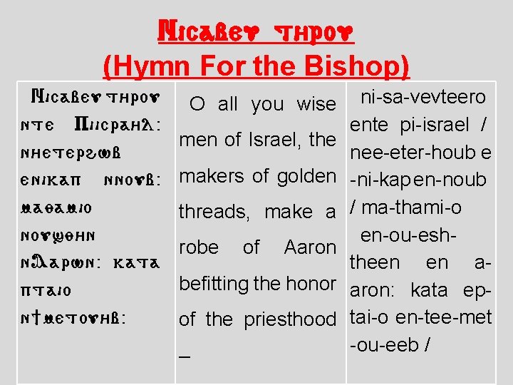 Nicabeu t/rou (Hymn For the Bishop) Nicabeu t/rou nte Piicra/l: n/eterhwb enikap nnoub: mayamio