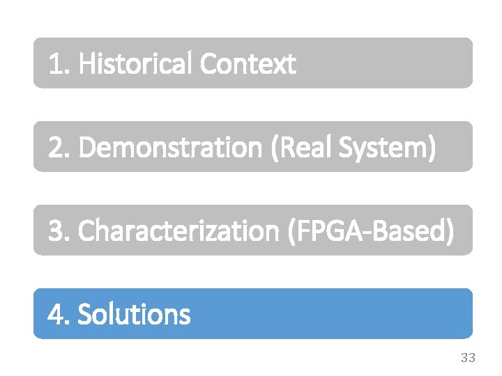 1. Historical Context 2. Demonstration (Real System) 3. Characterization (FPGA-Based) 4. Solutions 33 