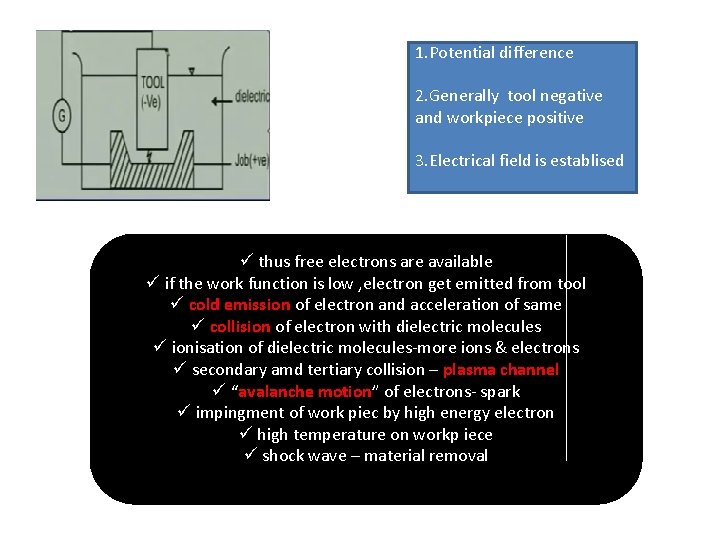 1. Potential difference 2. Generally tool negative and workpiece positive 3. Electrical field is