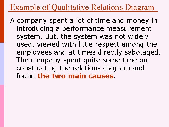 Example of Qualitative Relations Diagram A company spent a lot of time and money
