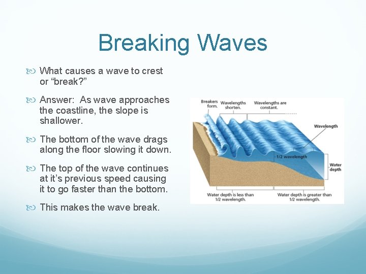 Breaking Waves What causes a wave to crest or “break? ” Answer: As wave