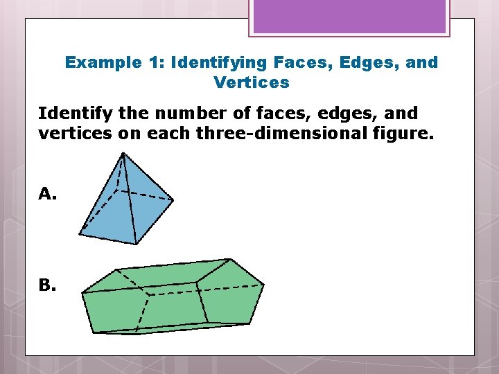 Example 1: Identifying Faces, Edges, and Vertices Identify the number of faces, edges, and