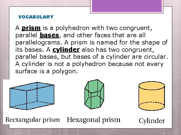 VOCABULARY A prism is a polyhedron with two congruent, parallel bases, and other faces