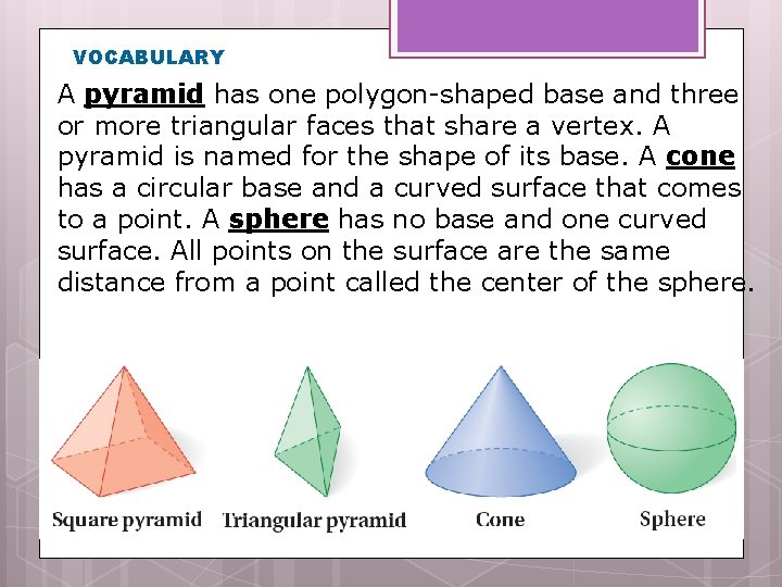 VOCABULARY A pyramid has one polygon-shaped base and three or more triangular faces that