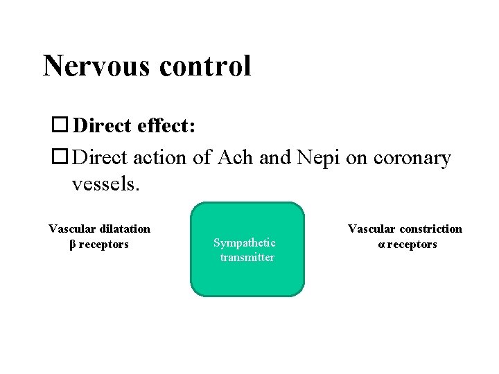 Nervous control Direct effect: Direct action of Ach and Nepi on coronary vessels. Vascular