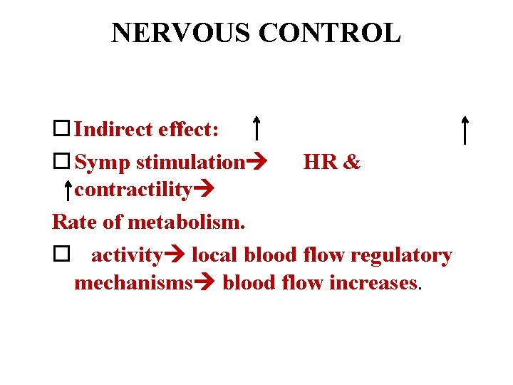 NERVOUS CONTROL Indirect effect: Symp stimulation HR & contractility Rate of metabolism. activity local