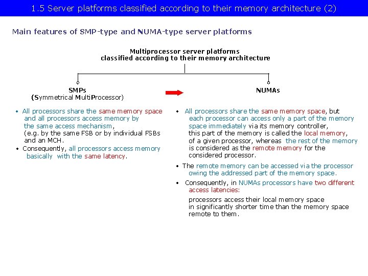 1. 5 Server platforms classified according to their memory architecture (2) Main features of