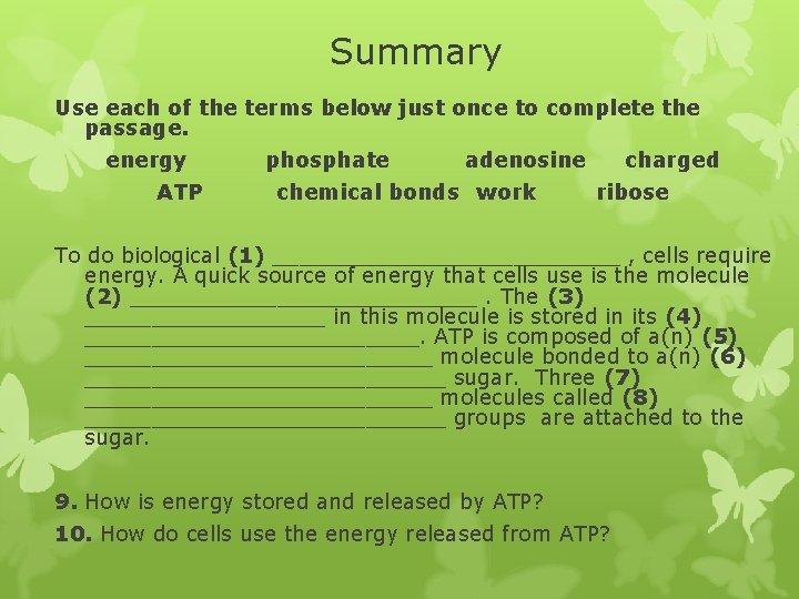 Summary Use each of the terms below just once to complete the passage. energy