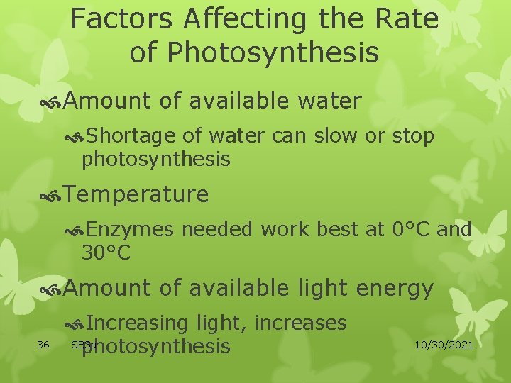 Factors Affecting the Rate of Photosynthesis Amount of available water Shortage of water can