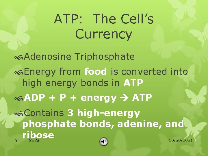ATP: The Cell’s Currency Adenosine Triphosphate Energy from food is converted into high energy