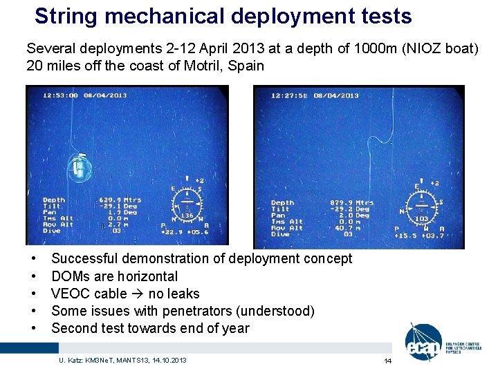 String mechanical deployment tests Several deployments 2 -12 April 2013 at a depth of