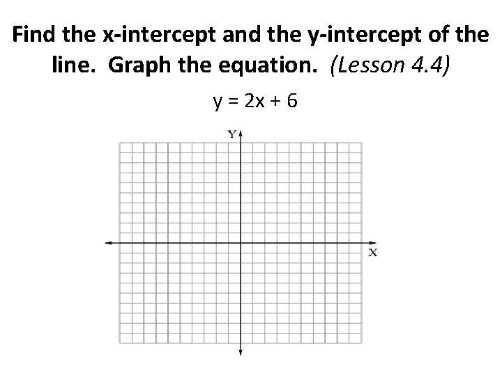 Find the x-intercept and the y-intercept of the line. Graph the equation. (Lesson 4.