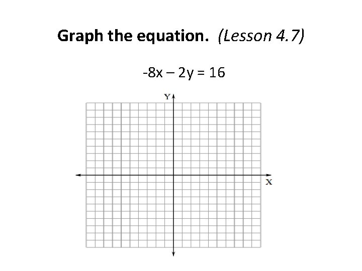 Graph the equation. (Lesson 4. 7) -8 x – 2 y = 16 