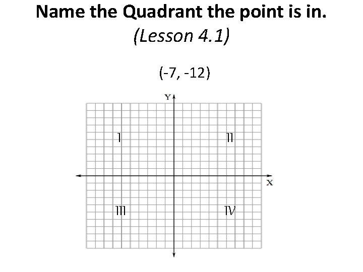 Name the Quadrant the point is in. (Lesson 4. 1) (-7, -12) I II