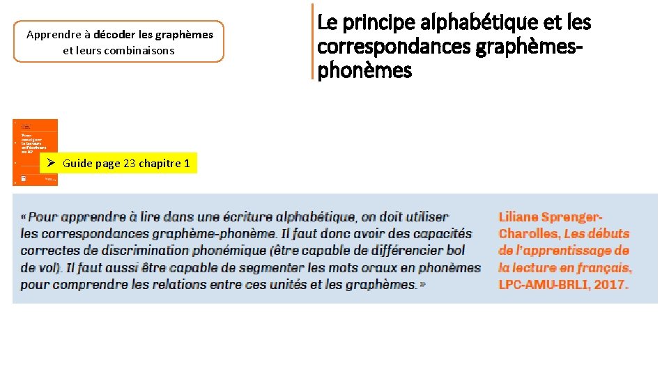 Apprendre à décoder les graphèmes et leurs combinaisons Ø Guide page 23 chapitre 1