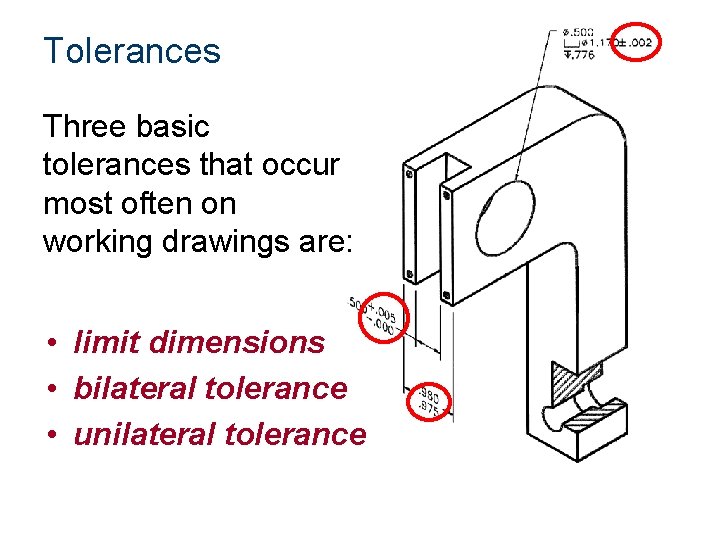 Tolerances Three basic tolerances that occur most often on working drawings are: • limit