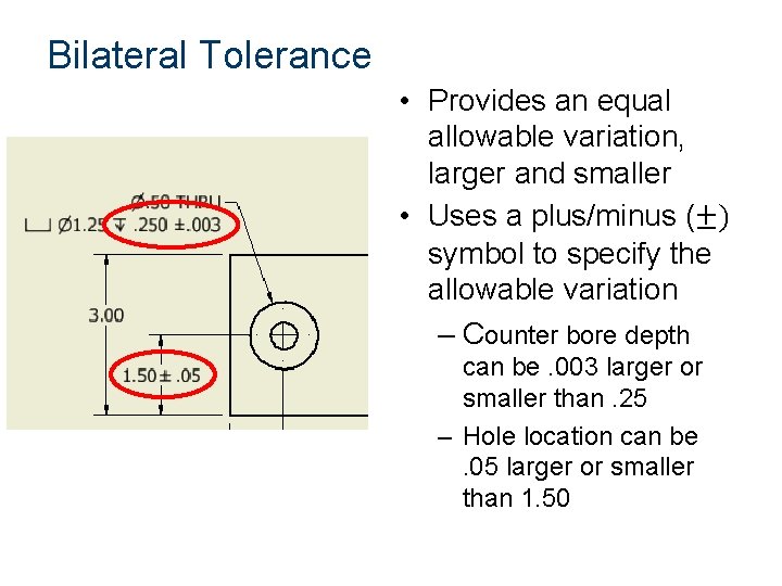 Bilateral Tolerance • Provides an equal allowable variation, larger and smaller • Uses a