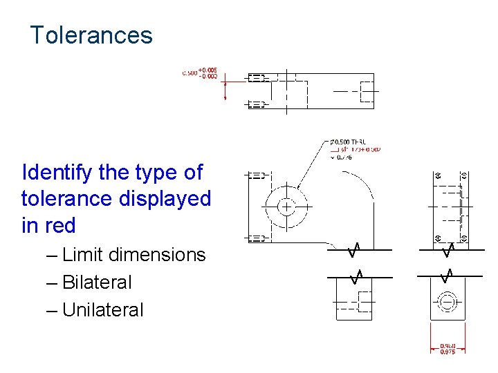 Tolerances Identify the type of tolerance displayed in red – Limit dimensions – Bilateral