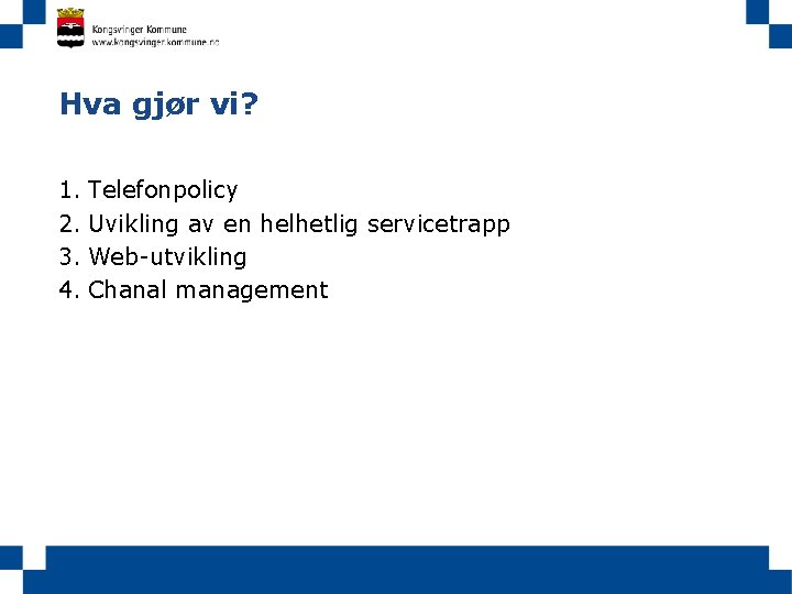 Hva gjør vi? 1. Telefonpolicy 2. Uvikling av en helhetlig servicetrapp 3. Web-utvikling 4.