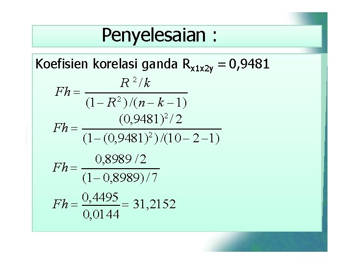 Penyelesaian : Koefisien korelasi ganda Rx 1 x 2 y = 0, 9481 R