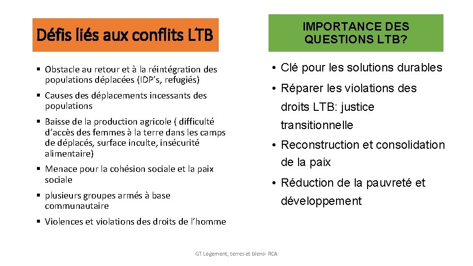 Défis liés aux conflits LTB IMPORTANCE DES QUESTIONS LTB? § Obstacle au retour et