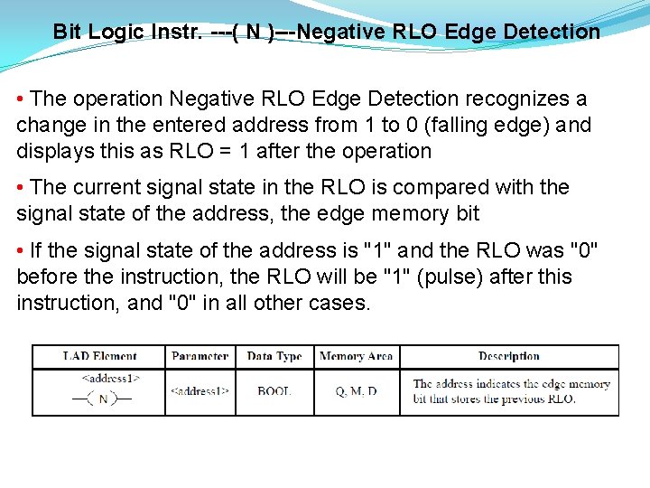 Bit Logic Instr. ---( N )---Negative RLO Edge Detection • The operation Negative RLO