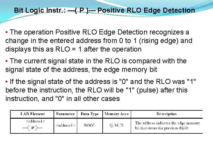 Bit Logic Instr. : ---( P )--- Positive RLO Edge Detection • The operation