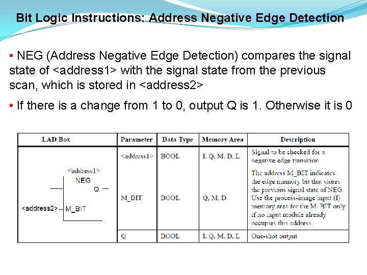 Bit Logic Instructions: Address Negative Edge Detection • NEG (Address Negative Edge Detection) compares