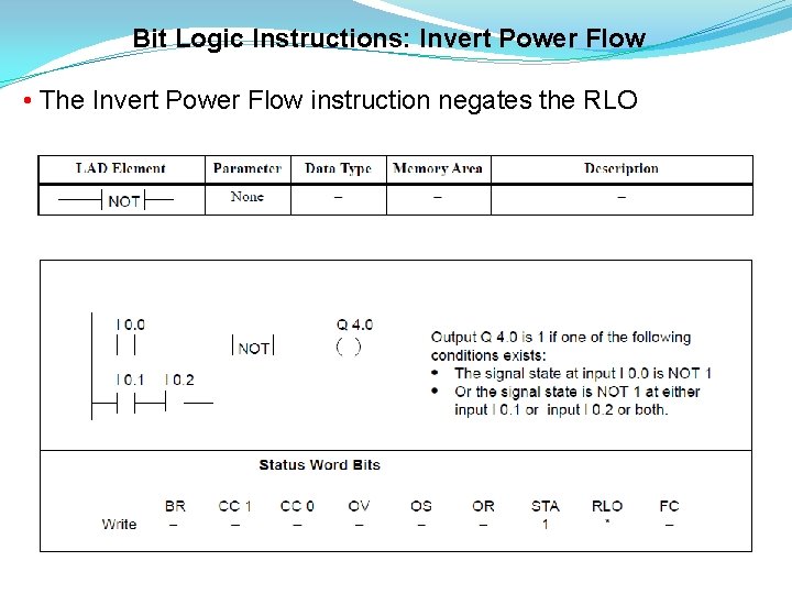 Bit Logic Instructions: Invert Power Flow • The Invert Power Flow instruction negates the