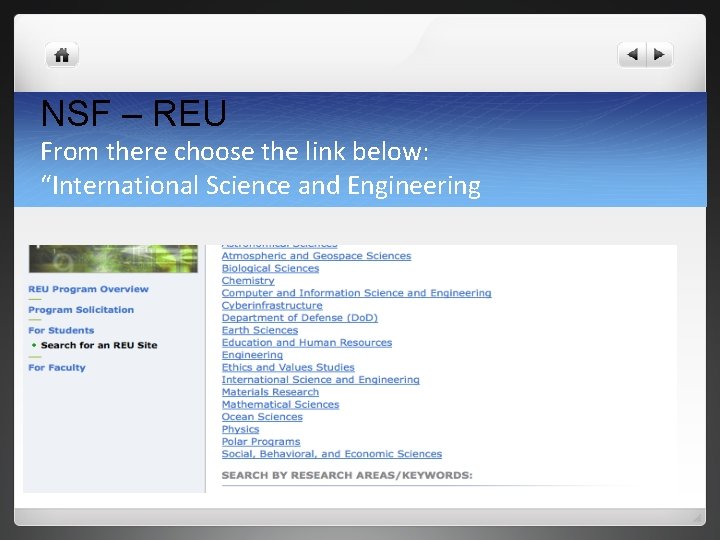 NSF – REU From there choose the link below: “International Science and Engineering 