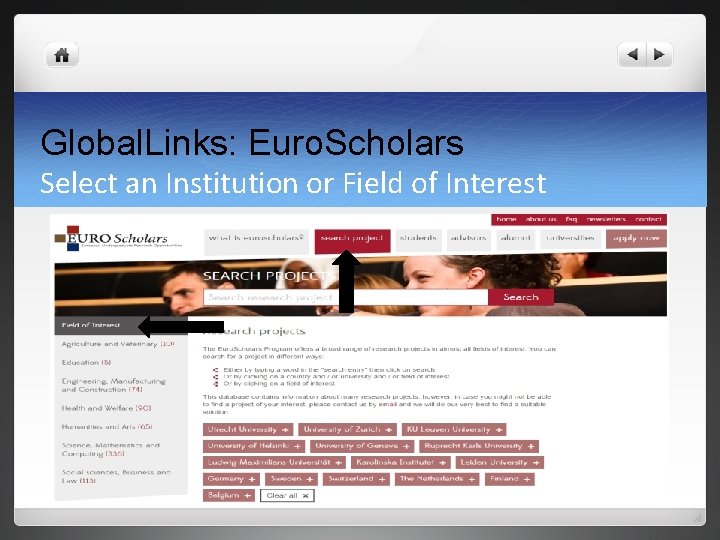 Global. Links: Euro. Scholars Select an Institution or Field of Interest 
