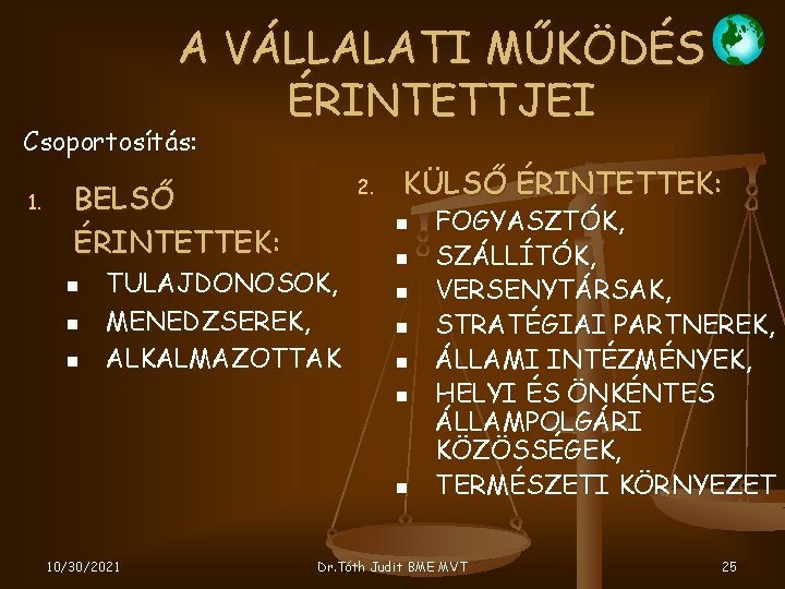 A VÁLLALATI MŰKÖDÉS ÉRINTETTJEI Csoportosítás: 1. BELSŐ ÉRINTETTEK: 2. KÜLSŐ ÉRINTETTEK: TULAJDONOSOK, MENEDZSEREK, ALKALMAZOTTAK