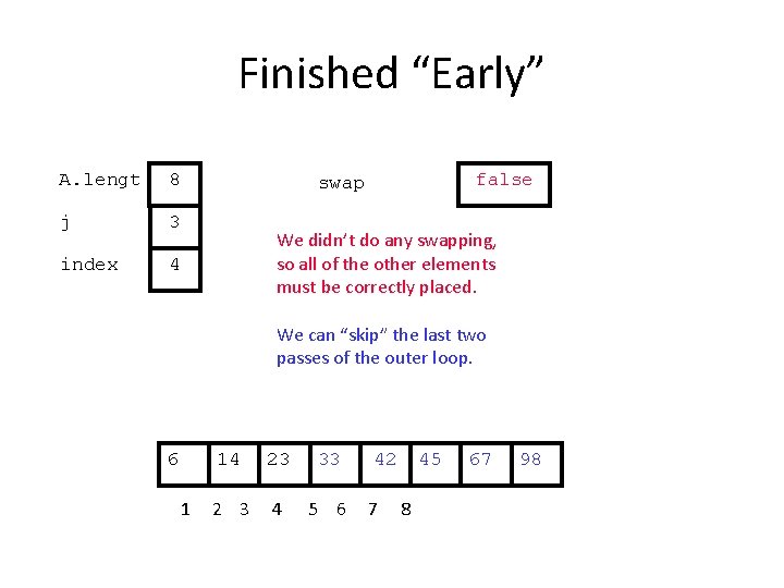 Finished “Early” A. lengt 8 j 3 index 4 false swap We didn’t do