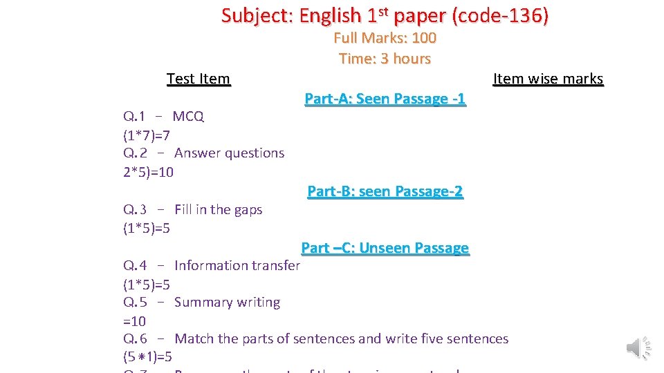 Subject: English 1 st paper (code-136) Test Item Q. 1 - MCQ (1*7)=7 Q.