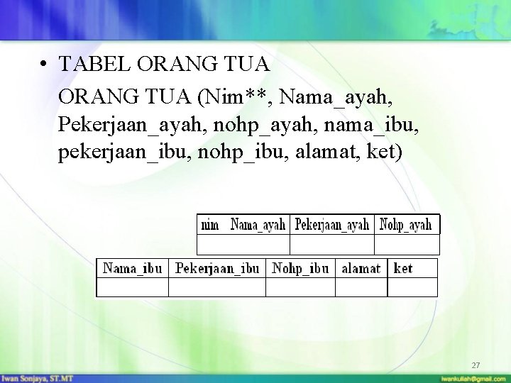  • TABEL ORANG TUA (Nim**, Nama_ayah, Pekerjaan_ayah, nohp_ayah, nama_ibu, pekerjaan_ibu, nohp_ibu, alamat, ket)