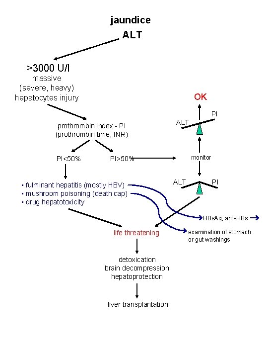 jaundice ALT >3000 U/l massive (severe, heavy) hepatocytes injury OK PI prothrombin index -
